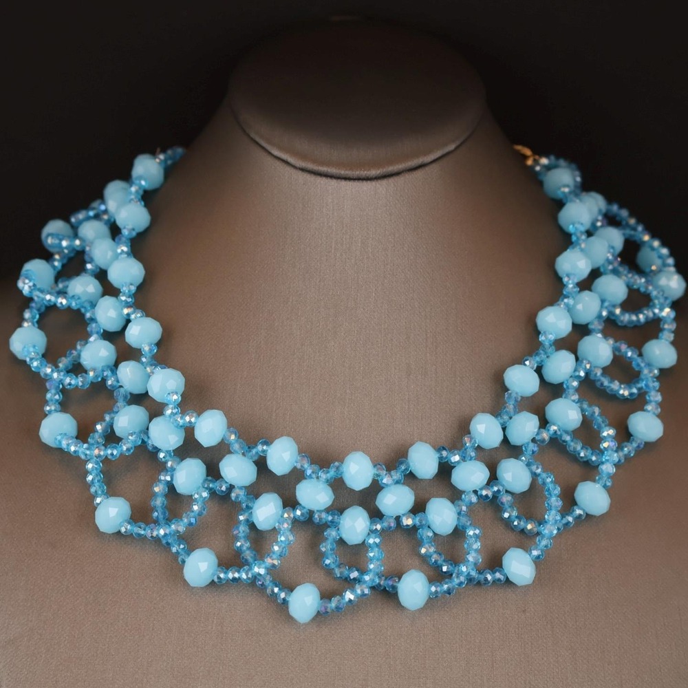 Vintage Aqua Blue Opaque Faceted Glass Bead Woven Gold Tone 18" Necklace